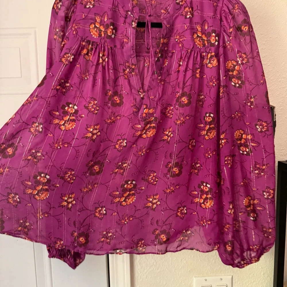 ULLA JOHNSON magenta‎ purple floral silk puff long sleeve blouse shirt top